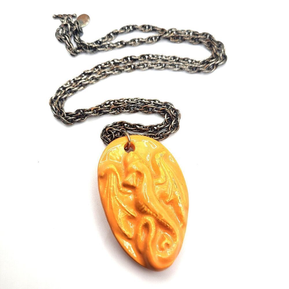 Vintage Chunky Chain Orange Dragon Pendant on Chunky Chain 24in, 2.5in pendant